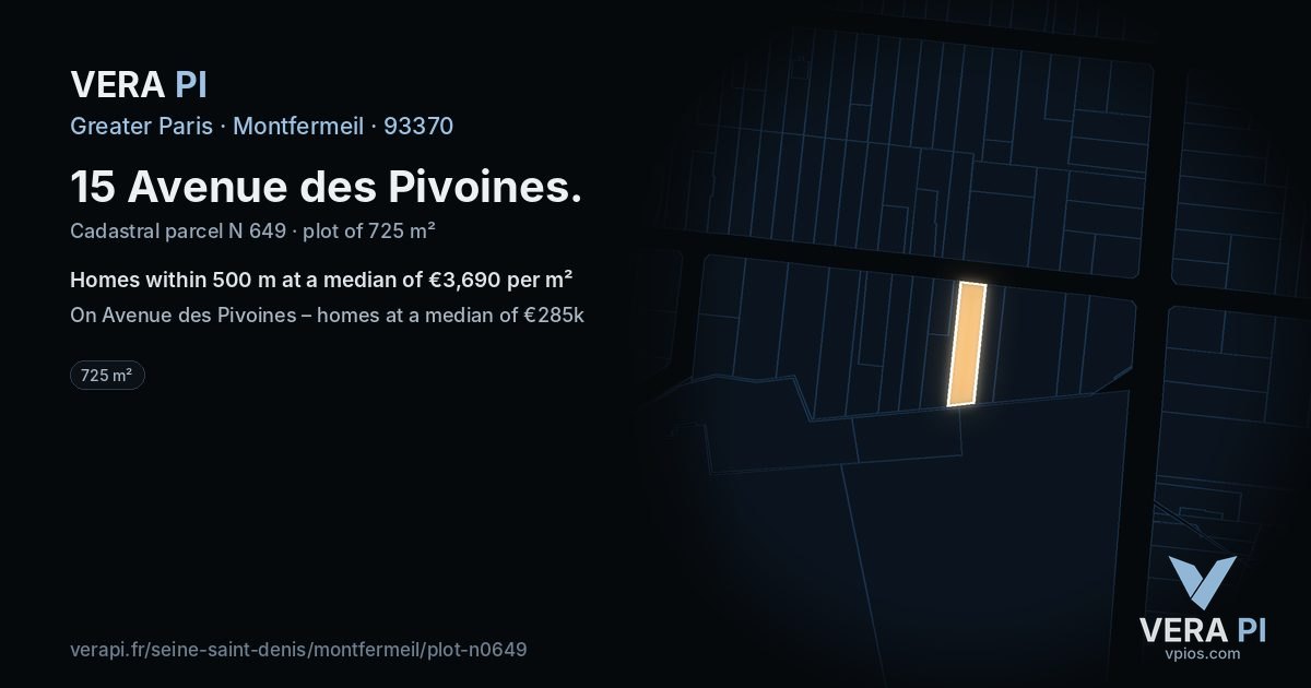 15 Avenue des Pivoines, Montfermeil at night – the plot lit, the parcels around coloured by the prices near them