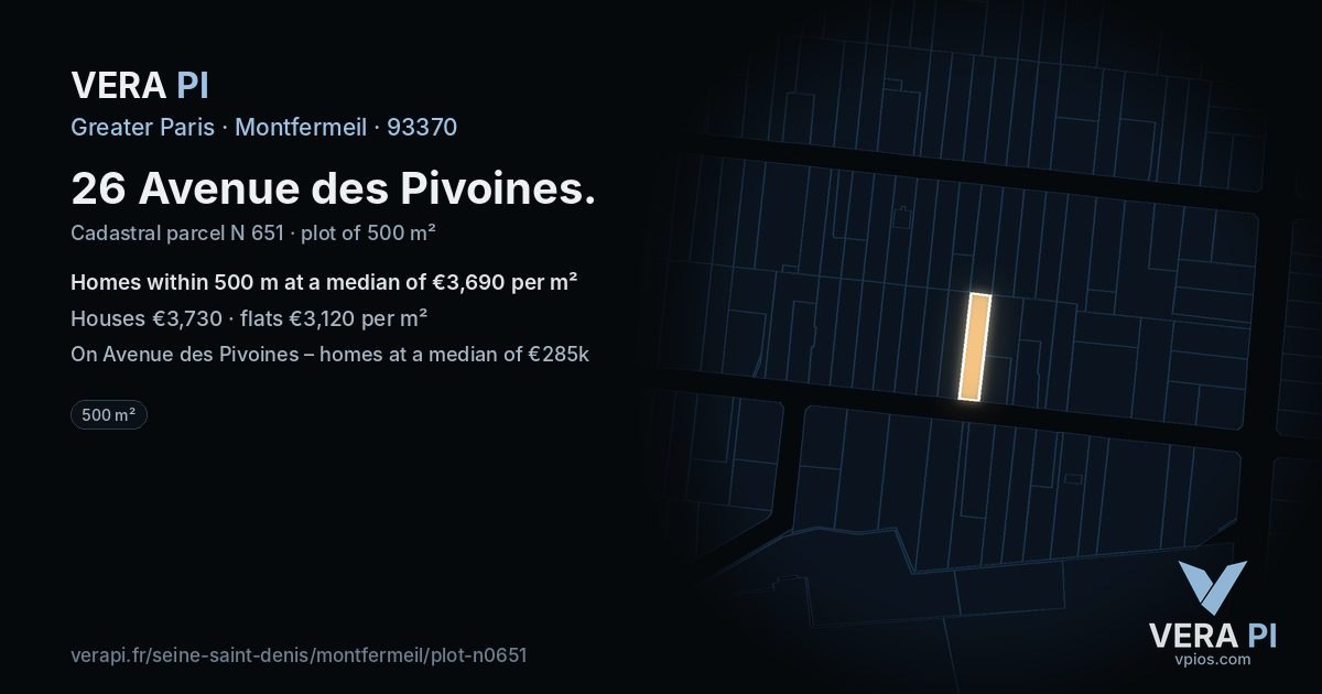 26 Avenue des Pivoines, Montfermeil at night – the plot lit, the parcels around coloured by the prices near them