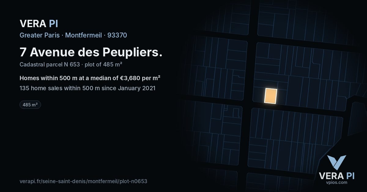 7 Avenue des Peupliers, Montfermeil at night – the plot lit, the parcels around coloured by the prices near them