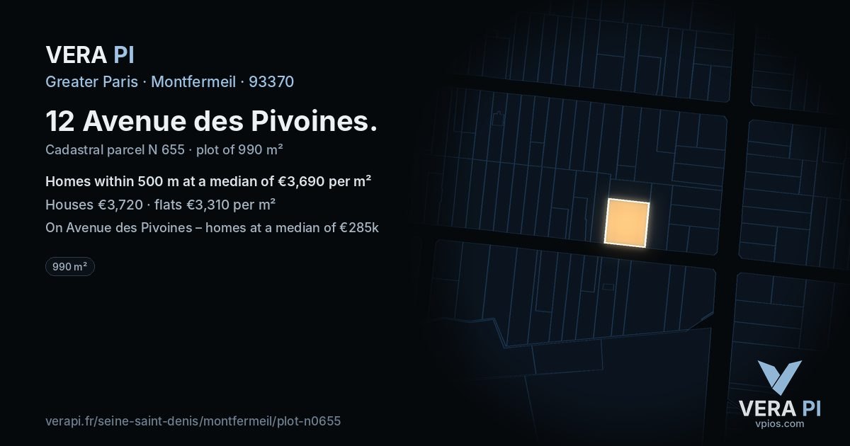 12 Avenue des Pivoines, Montfermeil at night – the plot lit, the parcels around coloured by the prices near them