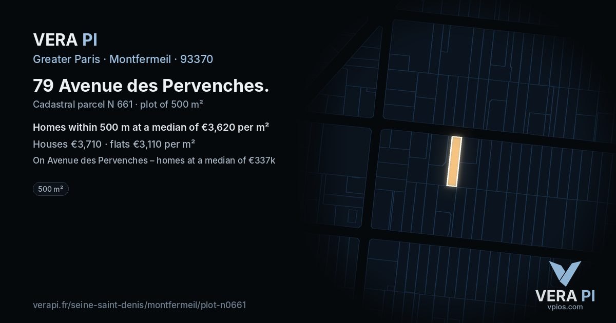 79 Avenue des Pervenches, Montfermeil at night – the plot lit, the parcels around coloured by the prices near them