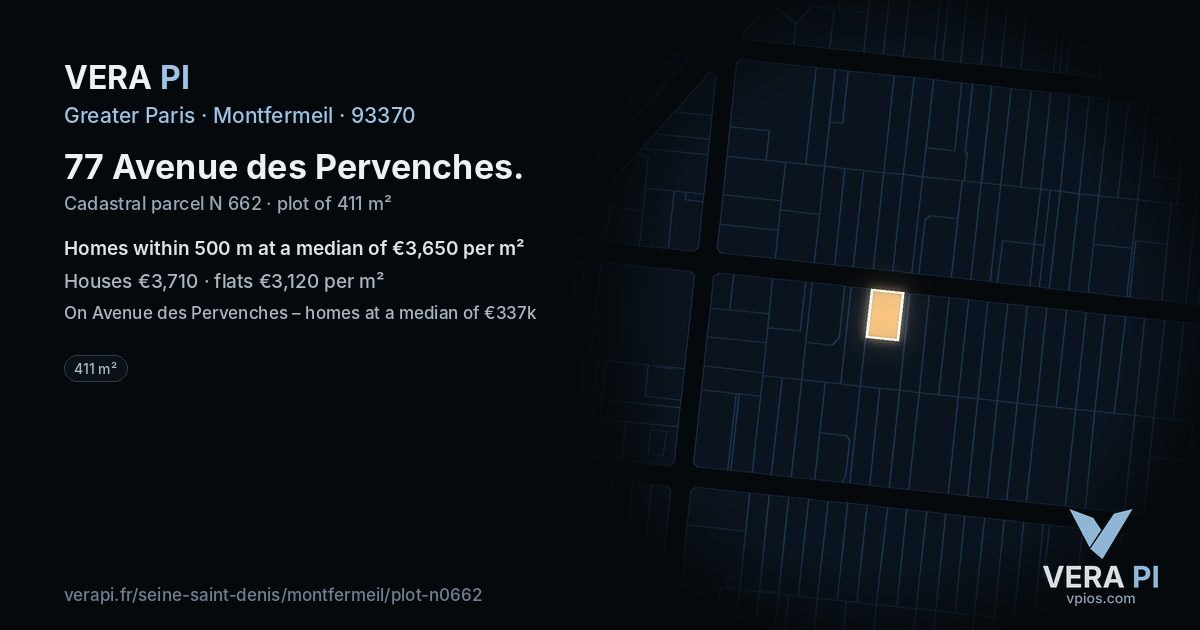 77 Avenue des Pervenches, Montfermeil at night – the plot lit, the parcels around coloured by the prices near them