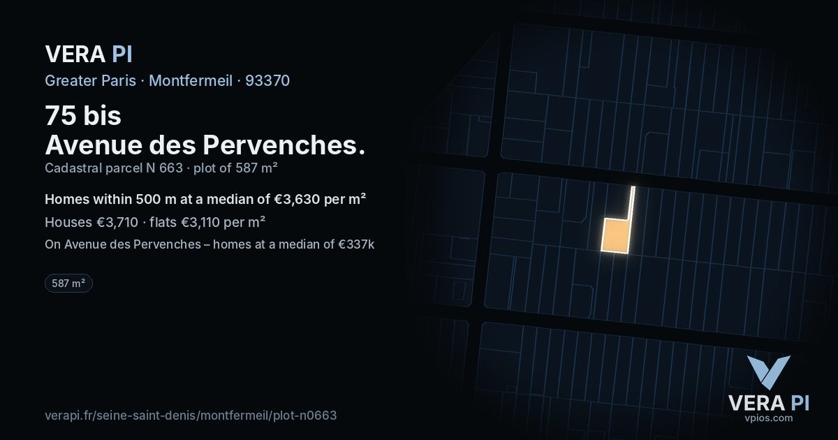 75 bis Avenue des Pervenches, Montfermeil at night – the plot lit, the parcels around coloured by the prices near them