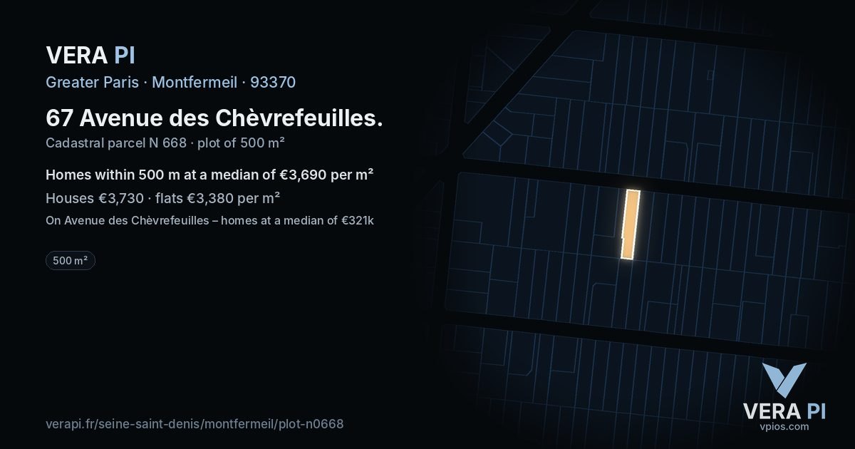 67 Avenue des Chèvrefeuilles, Montfermeil at night – the plot lit, the parcels around coloured by the prices near them