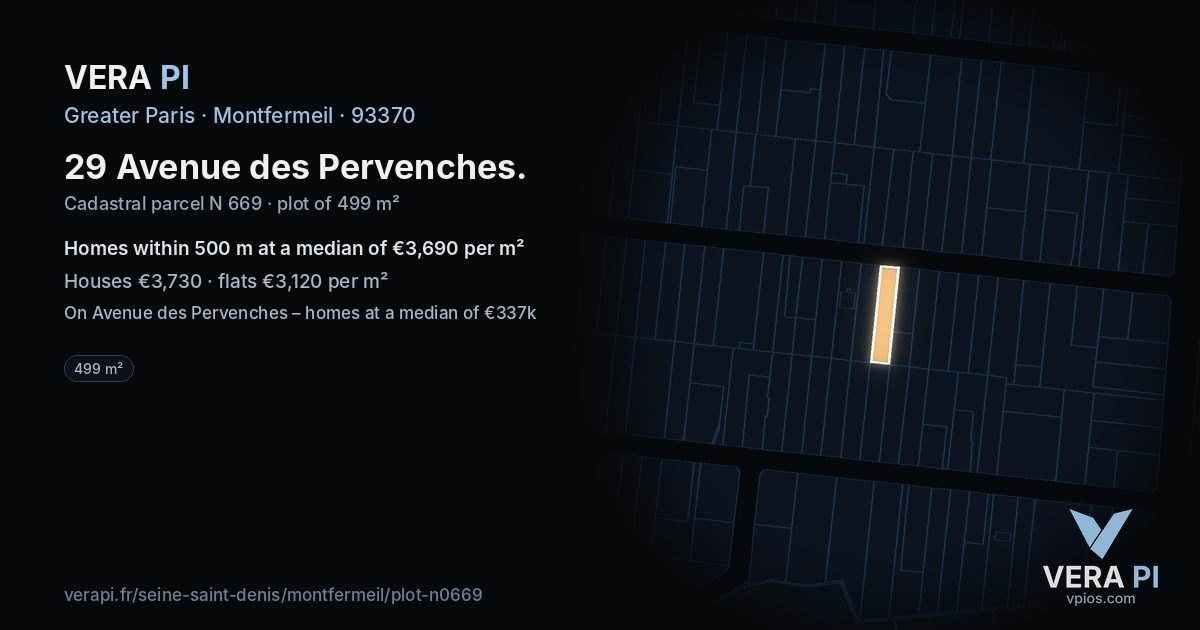29 Avenue des Pervenches, Montfermeil at night – the plot lit, the parcels around coloured by the prices near them