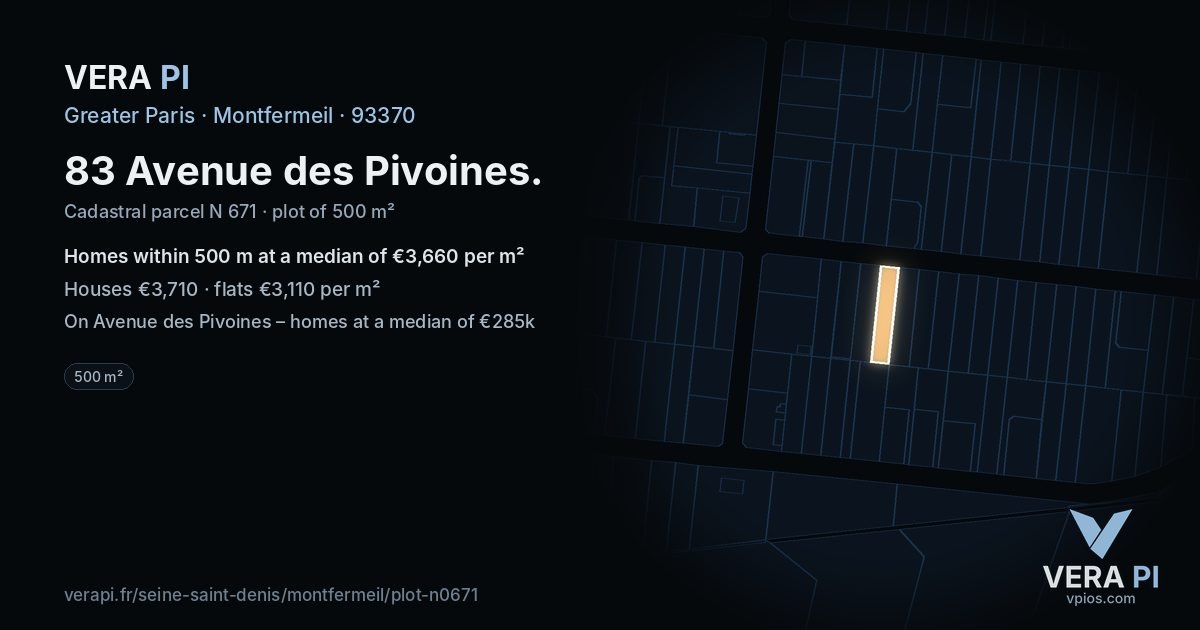 83 Avenue des Pivoines, Montfermeil at night – the plot lit, the parcels around coloured by the prices near them