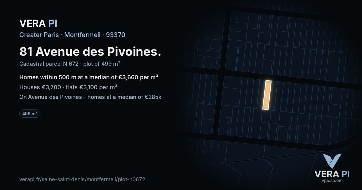 81 Avenue des Pivoines, Montfermeil at night – the plot lit, the parcels around coloured by the prices near them