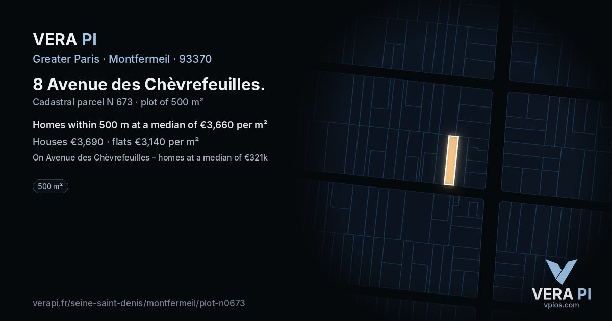 8 Avenue des Chèvrefeuilles, Montfermeil at night – the plot lit, the parcels around coloured by the prices near them