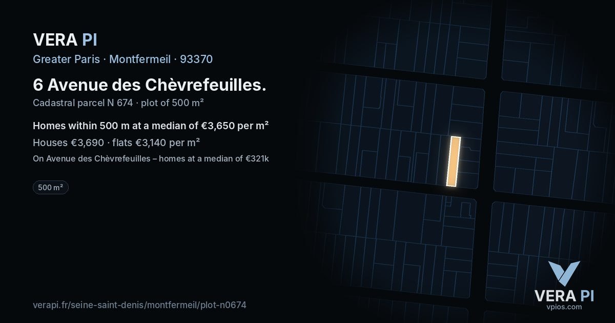 6 Avenue des Chèvrefeuilles, Montfermeil at night – the plot lit, the parcels around coloured by the prices near them