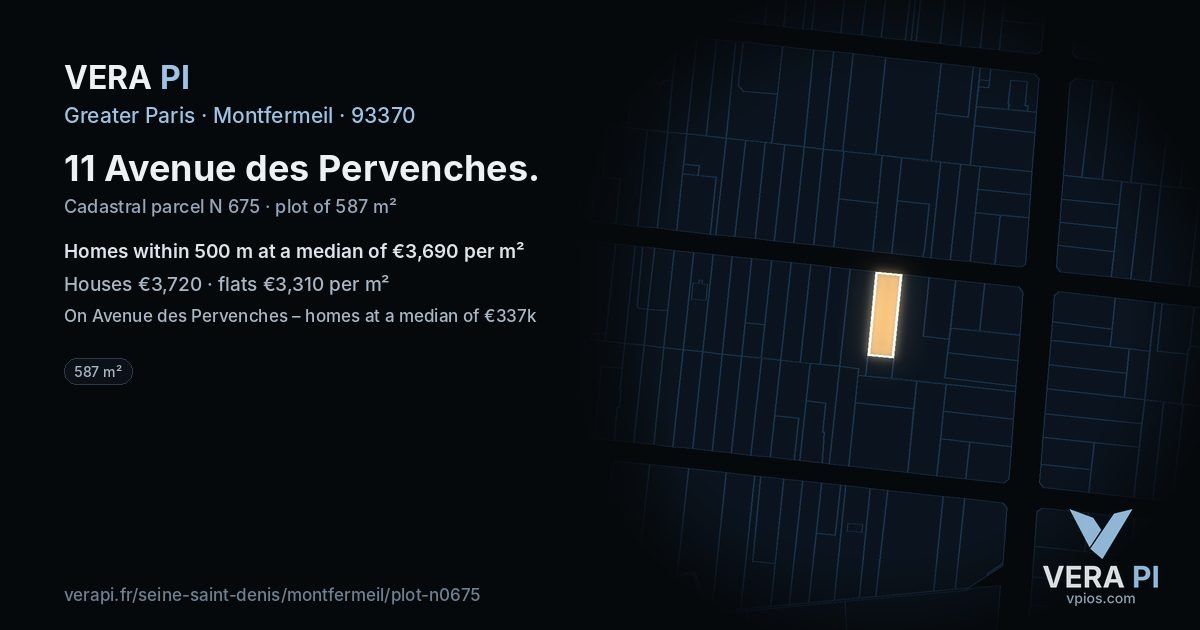11 Avenue des Pervenches, Montfermeil at night – the plot lit, the parcels around coloured by the prices near them