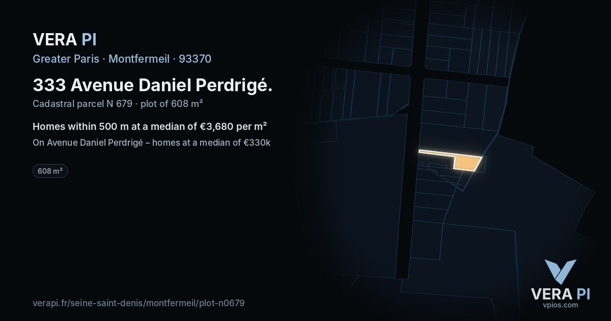 333 Avenue Daniel Perdrigé, Montfermeil at night – the plot lit, the parcels around coloured by the prices near them