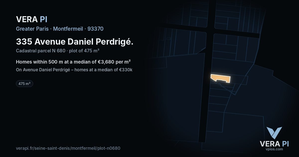 335 Avenue Daniel Perdrigé, Montfermeil at night – the plot lit, the parcels around coloured by the prices near them