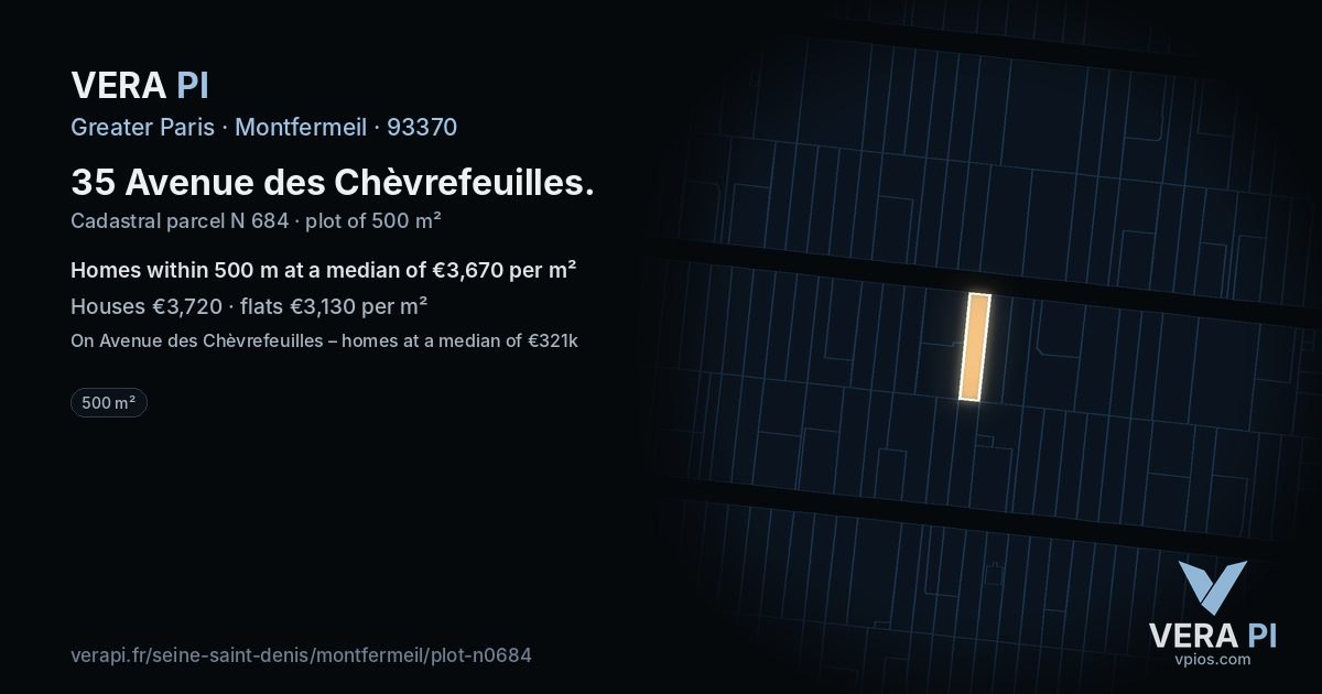 35 Avenue des Chèvrefeuilles, Montfermeil at night – the plot lit, the parcels around coloured by the prices near them