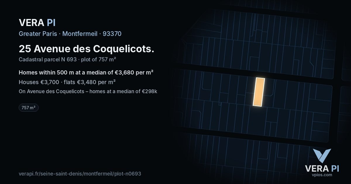 25 Avenue des Coquelicots, Montfermeil at night – the plot lit, the parcels around coloured by the prices near them