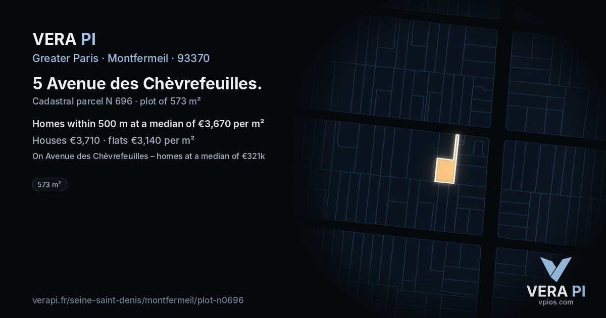 5 Avenue des Chèvrefeuilles, Montfermeil at night – the plot lit, the parcels around coloured by the prices near them