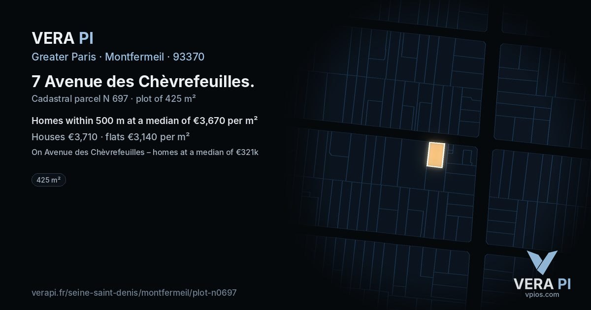 7 Avenue des Chèvrefeuilles, Montfermeil at night – the plot lit, the parcels around coloured by the prices near them