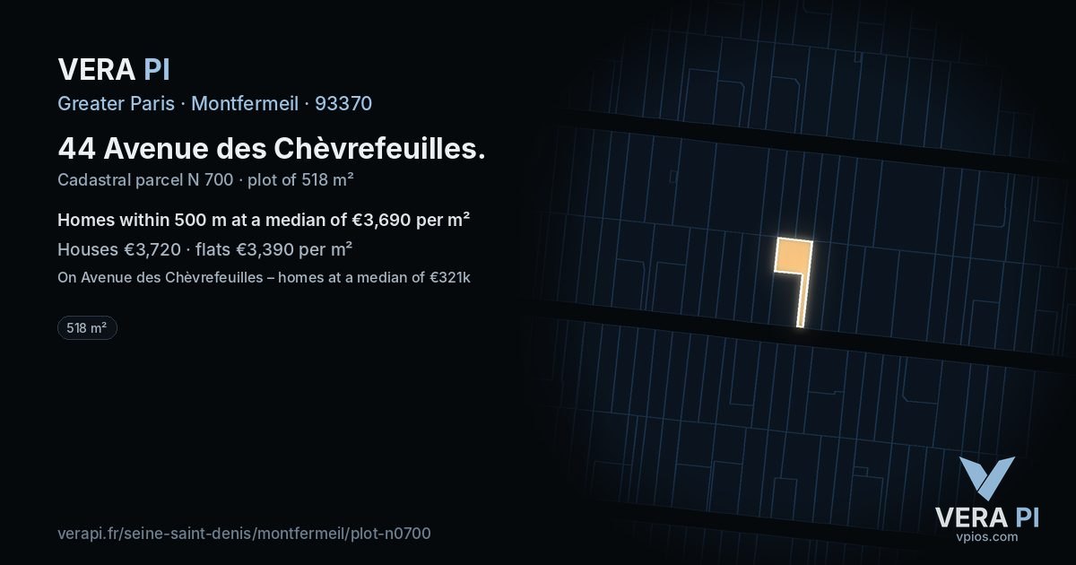 44 Avenue des Chèvrefeuilles, Montfermeil at night – the plot lit, the parcels around coloured by the prices near them