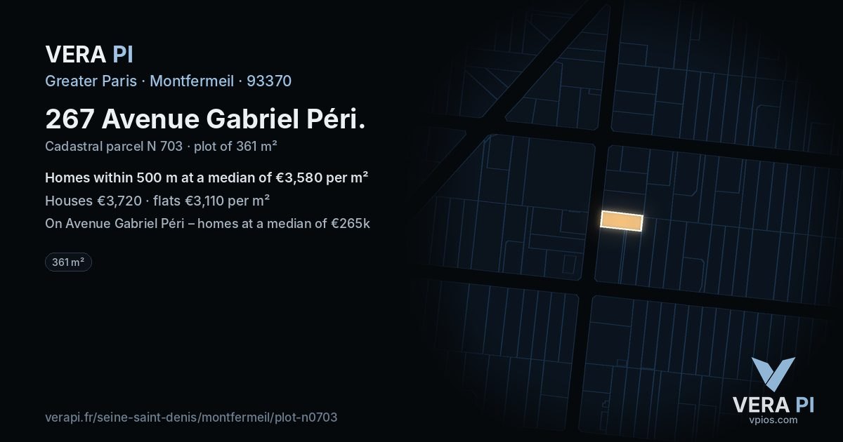 267 Avenue Gabriel Péri, Montfermeil at night – the plot lit, the parcels around coloured by the prices near them
