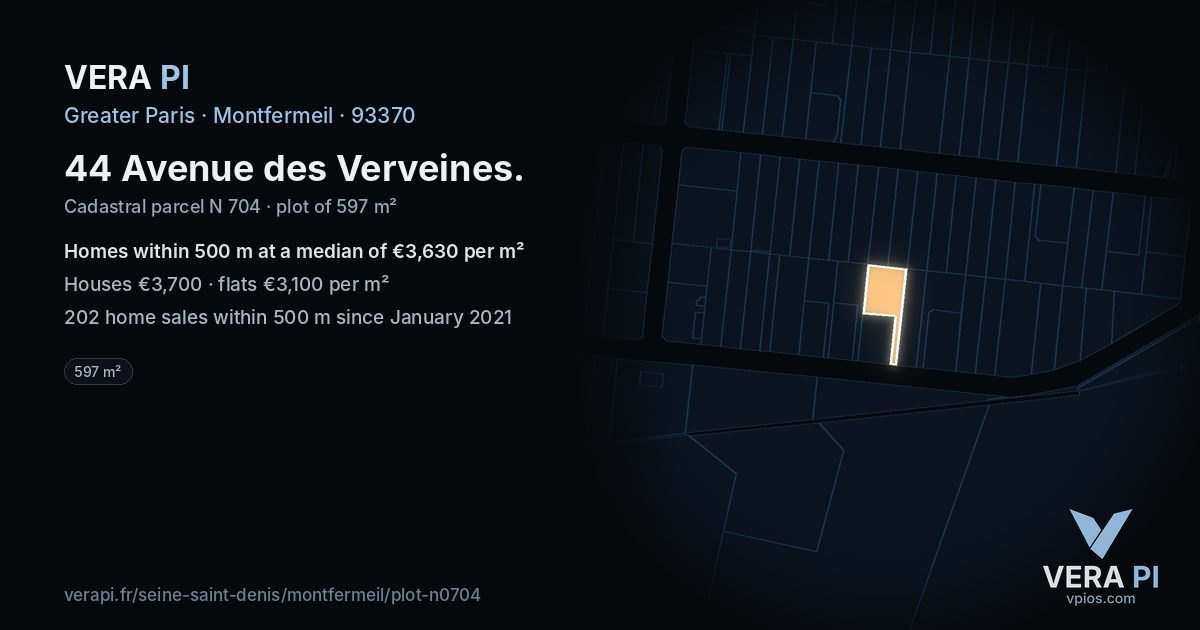 44 Avenue des Verveines, Montfermeil at night – the plot lit, the parcels around coloured by the prices near them