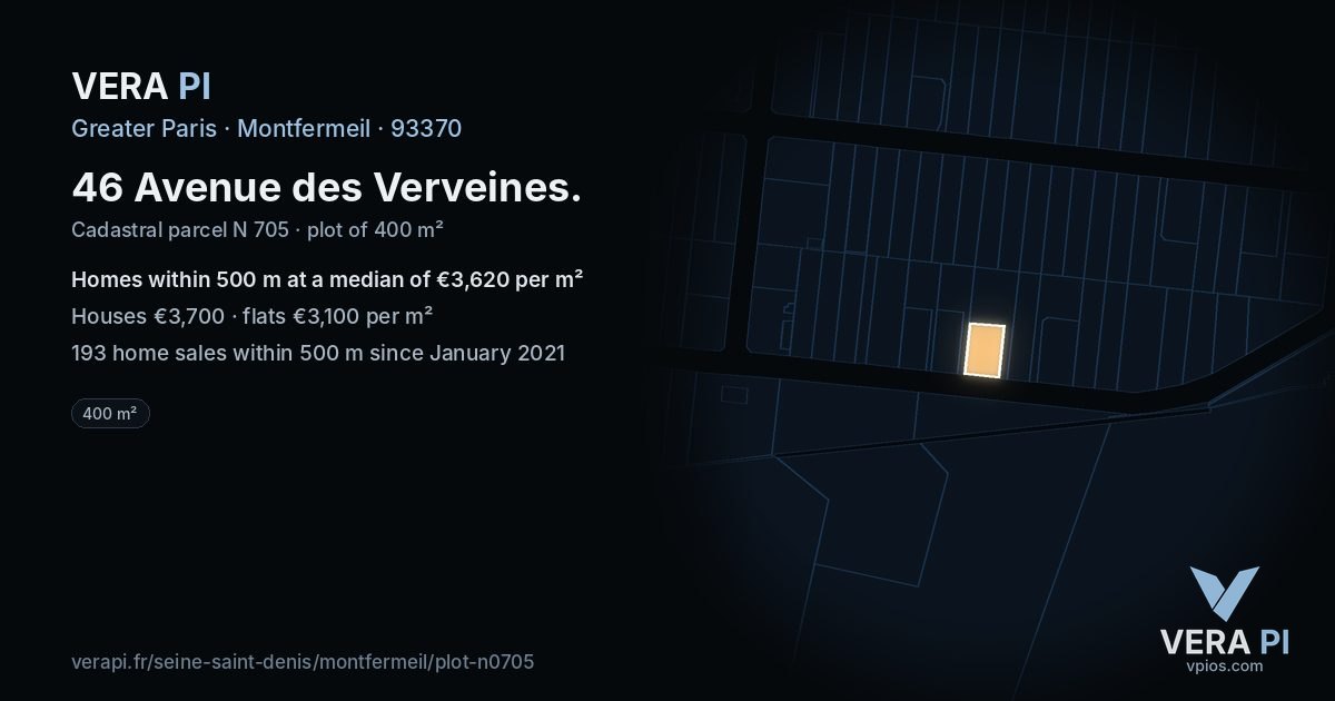 46 Avenue des Verveines, Montfermeil at night – the plot lit, the parcels around coloured by the prices near them