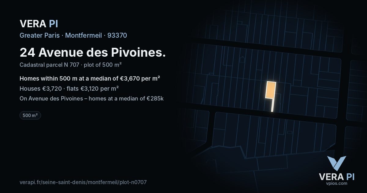 24 Avenue des Pivoines, Montfermeil at night – the plot lit, the parcels around coloured by the prices near them