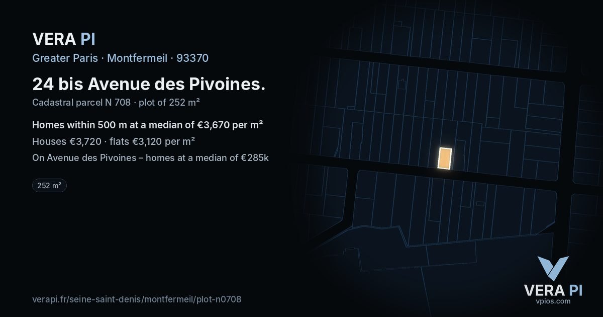 24 bis Avenue des Pivoines, Montfermeil at night – the plot lit, the parcels around coloured by the prices near them