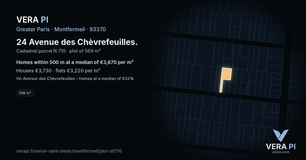 24 Avenue des Chèvrefeuilles, Montfermeil at night – the plot lit, the parcels around coloured by the prices near them