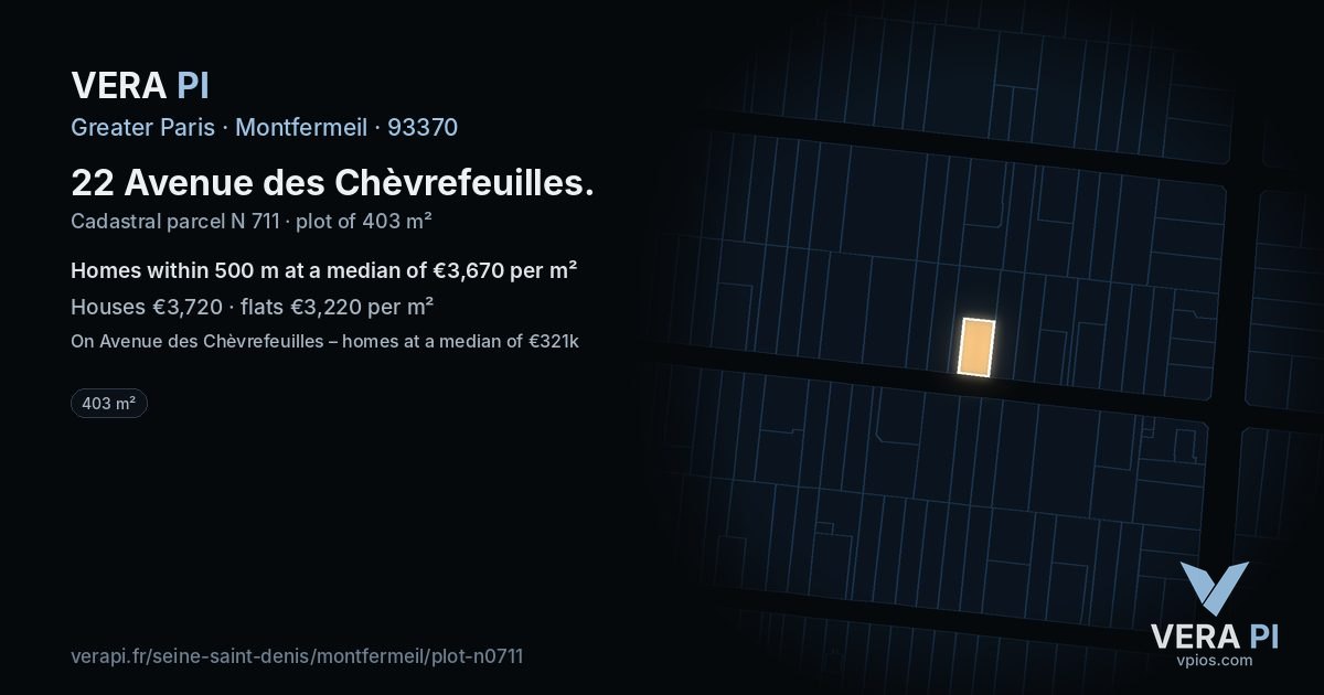 22 Avenue des Chèvrefeuilles, Montfermeil at night – the plot lit, the parcels around coloured by the prices near them