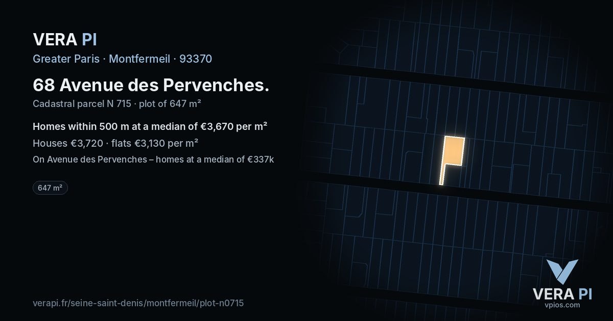 68 Avenue des Pervenches, Montfermeil at night – the plot lit, the parcels around coloured by the prices near them