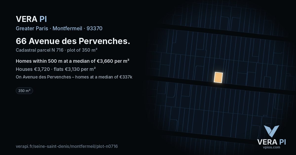 66 Avenue des Pervenches, Montfermeil at night – the plot lit, the parcels around coloured by the prices near them