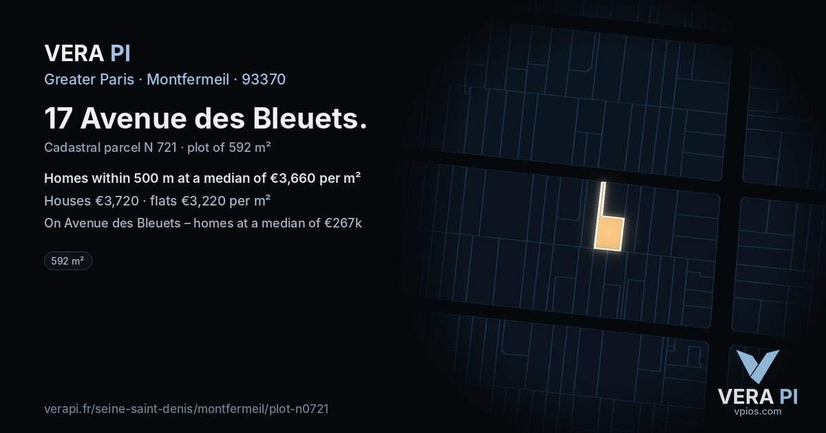 17 Avenue des Bleuets, Montfermeil at night – the plot lit, the parcels around coloured by the prices near them