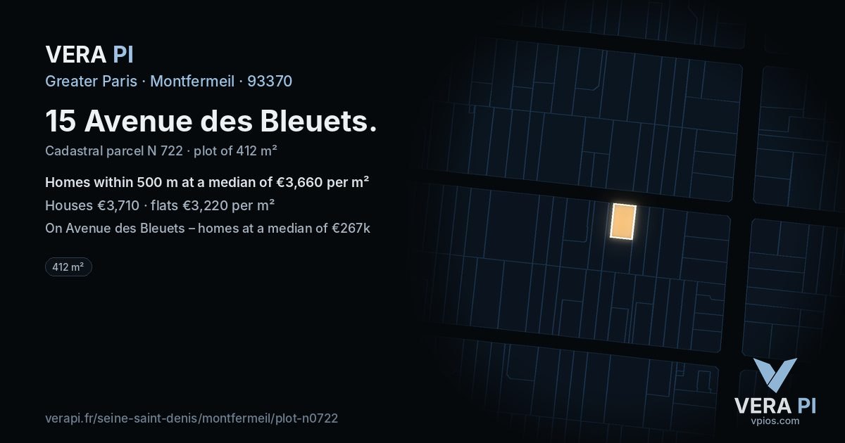 15 Avenue des Bleuets, Montfermeil at night – the plot lit, the parcels around coloured by the prices near them