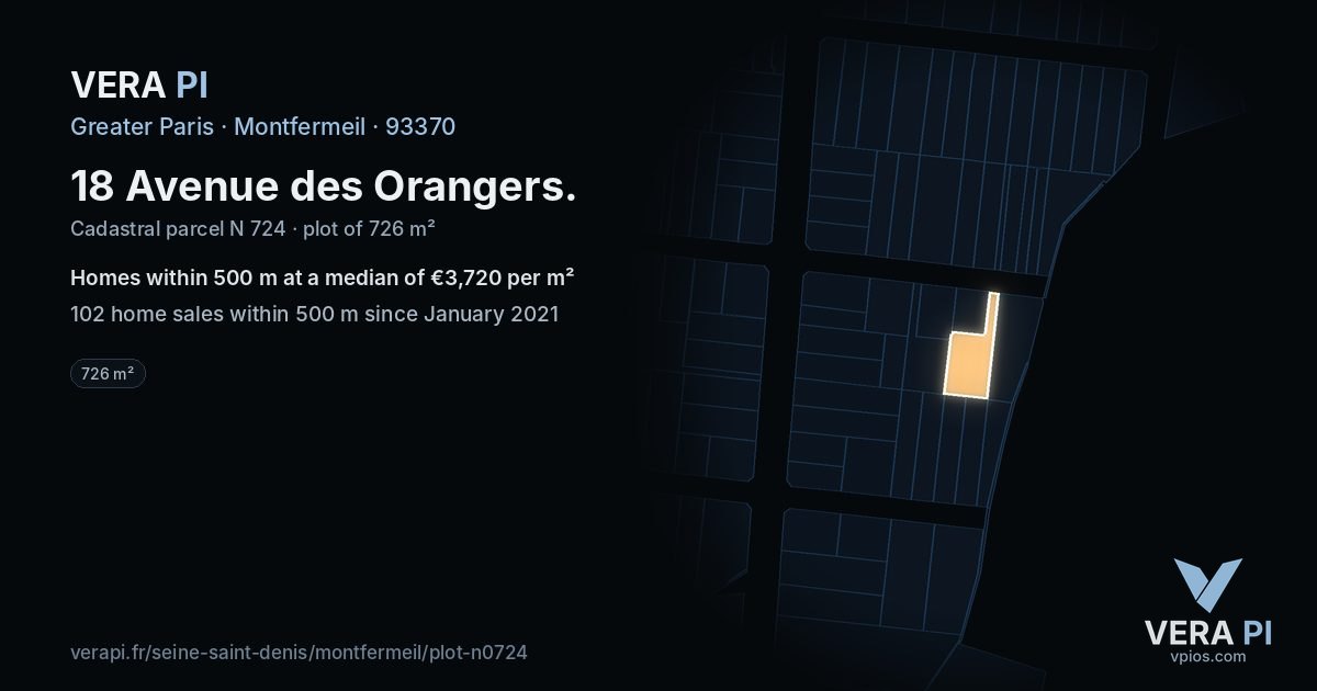 18 Avenue des Orangers, Montfermeil at night – the plot lit, the parcels around coloured by the prices near them