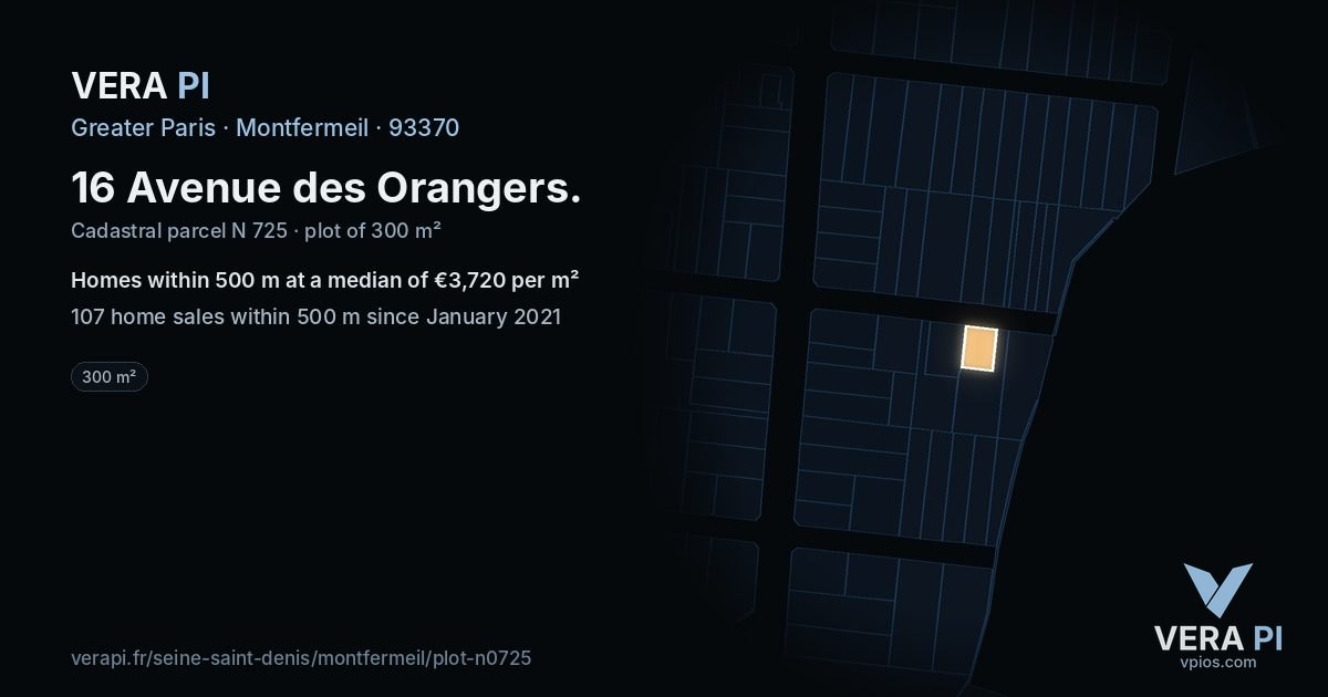 16 Avenue des Orangers, Montfermeil at night – the plot lit, the parcels around coloured by the prices near them