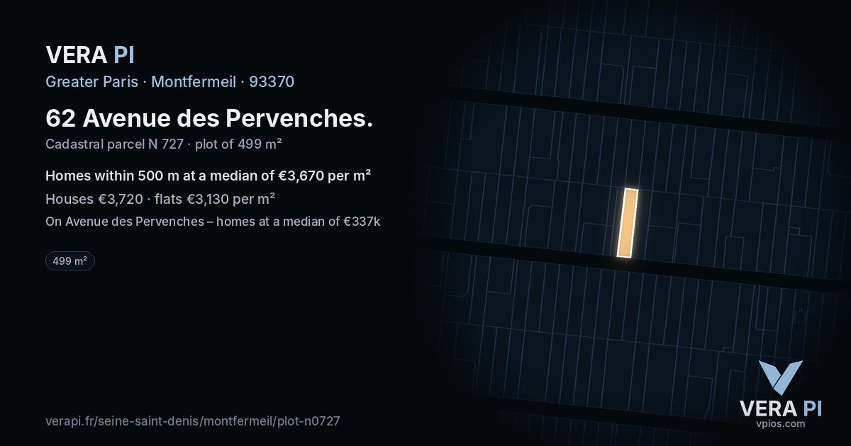 62 Avenue des Pervenches, Montfermeil at night – the plot lit, the parcels around coloured by the prices near them
