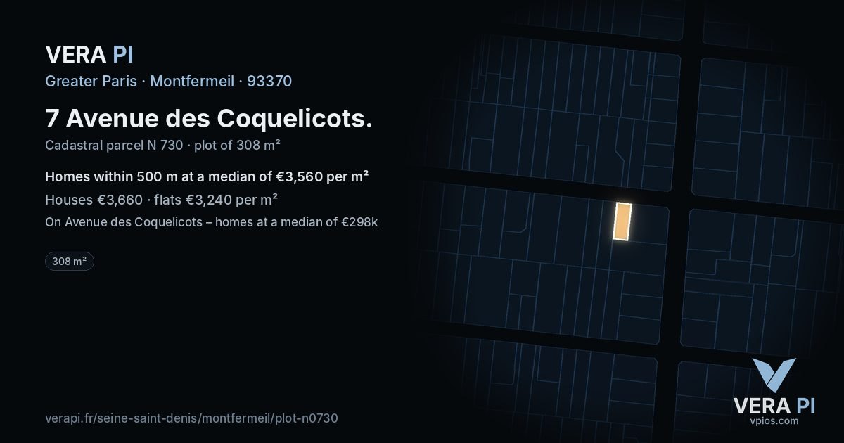 7 Avenue des Coquelicots, Montfermeil at night – the plot lit, the parcels around coloured by the prices near them