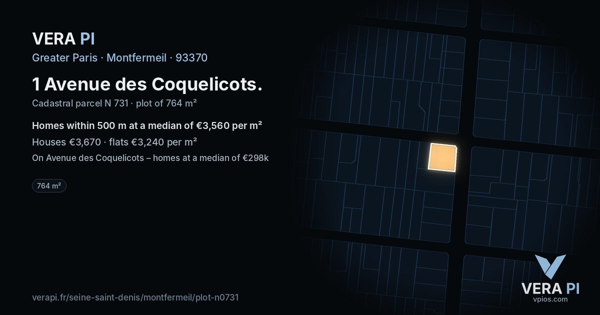 1 Avenue des Coquelicots, Montfermeil at night – the plot lit, the parcels around coloured by the prices near them