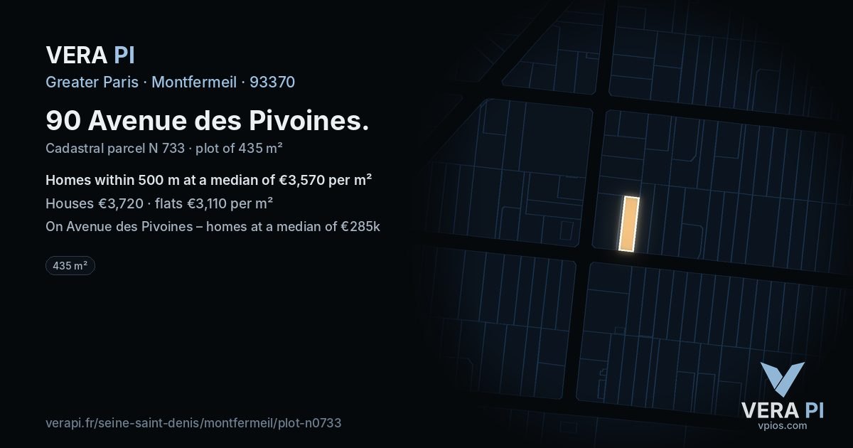 90 Avenue des Pivoines, Montfermeil at night – the plot lit, the parcels around coloured by the prices near them