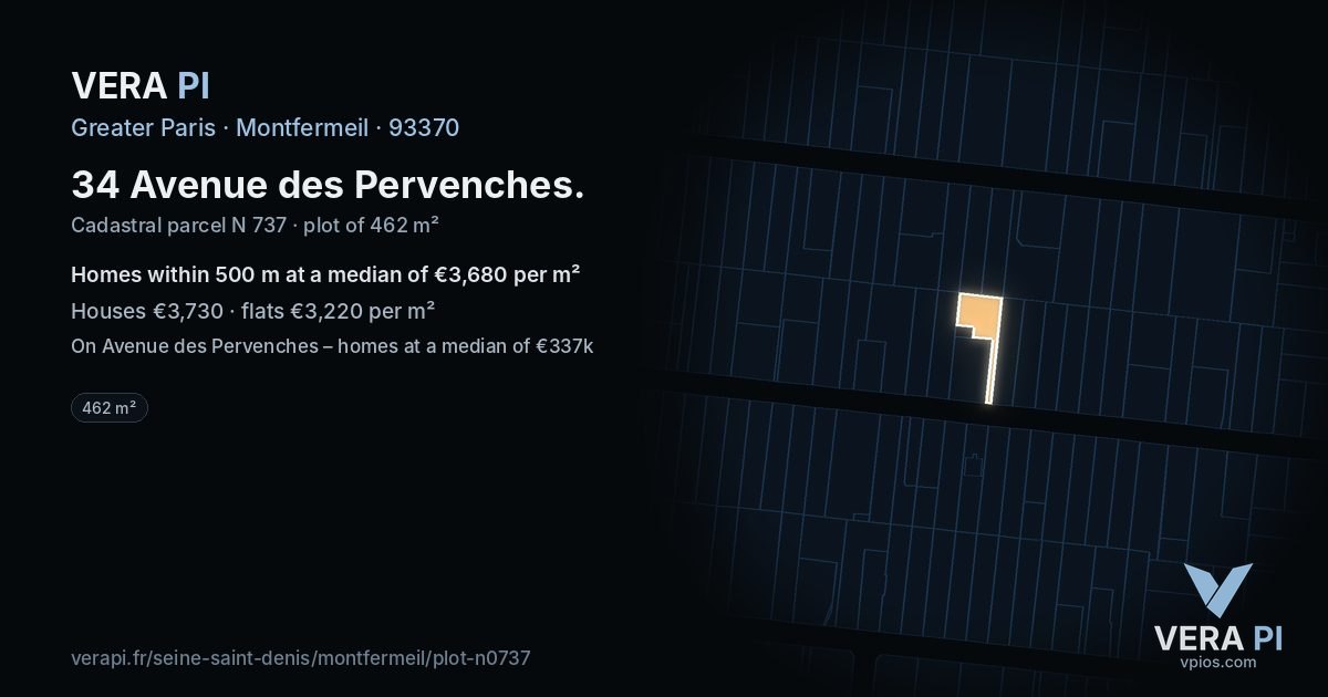 34 Avenue des Pervenches, Montfermeil at night – the plot lit, the parcels around coloured by the prices near them