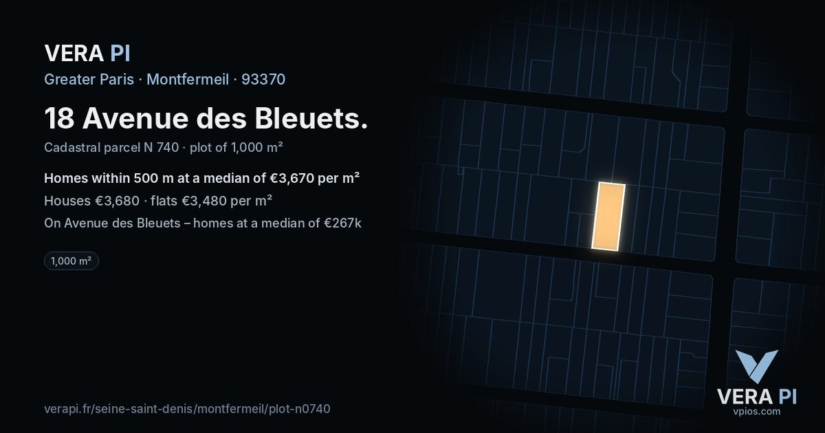 18 Avenue des Bleuets, Montfermeil at night – the plot lit, the parcels around coloured by the prices near them