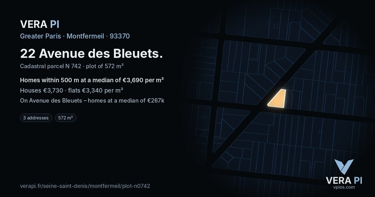 22 Avenue des Bleuets, Montfermeil at night – the plot lit, the parcels around coloured by the prices near them