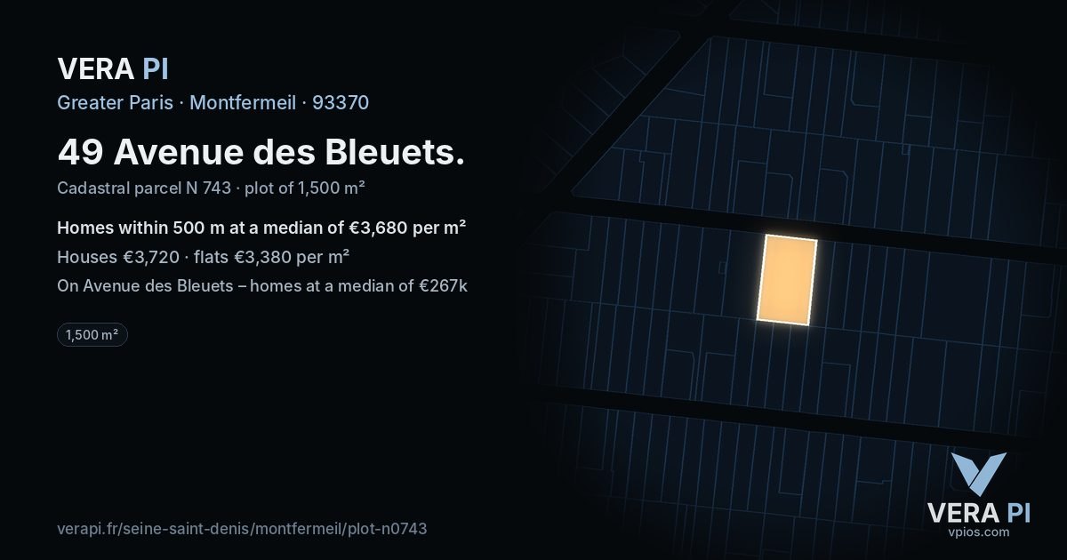 49 Avenue des Bleuets, Montfermeil at night – the plot lit, the parcels around coloured by the prices near them