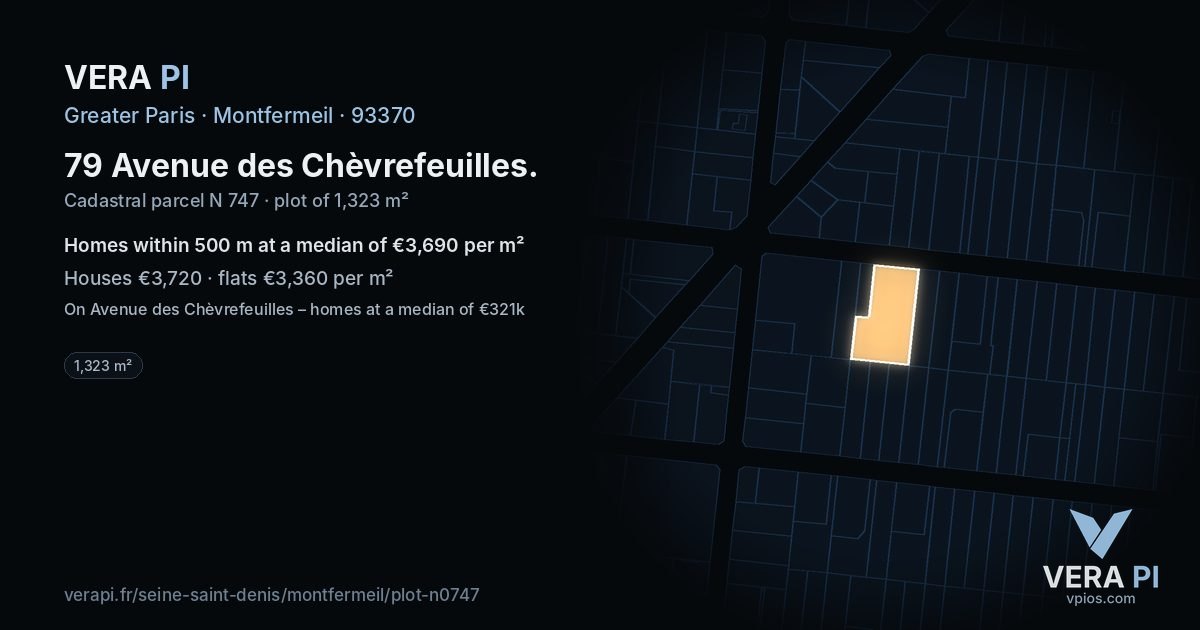 79 Avenue des Chèvrefeuilles, Montfermeil at night – the plot lit, the parcels around coloured by the prices near them
