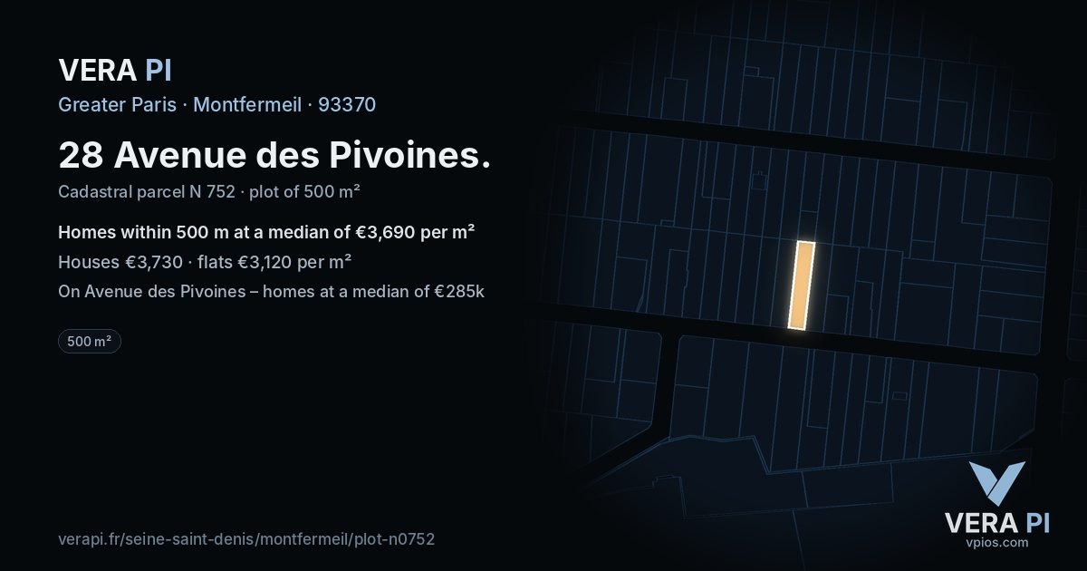 28 Avenue des Pivoines, Montfermeil at night – the plot lit, the parcels around coloured by the prices near them