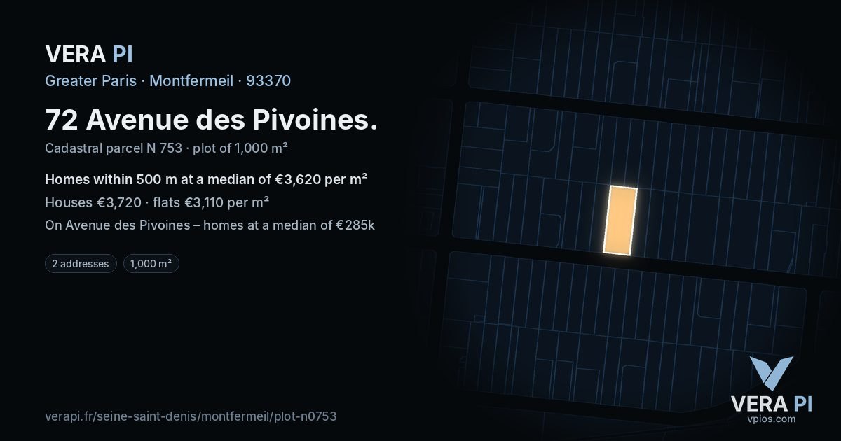 72 Avenue des Pivoines, Montfermeil at night – the plot lit, the parcels around coloured by the prices near them