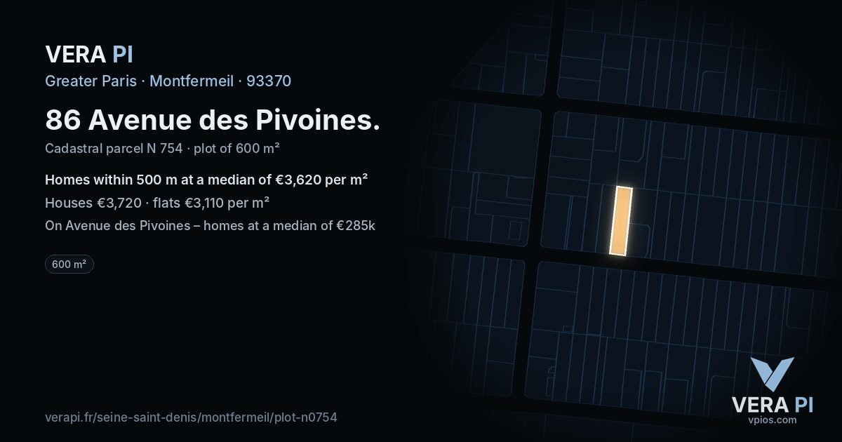 86 Avenue des Pivoines, Montfermeil at night – the plot lit, the parcels around coloured by the prices near them