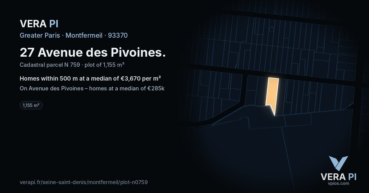 27 Avenue des Pivoines, Montfermeil at night – the plot lit, the parcels around coloured by the prices near them
