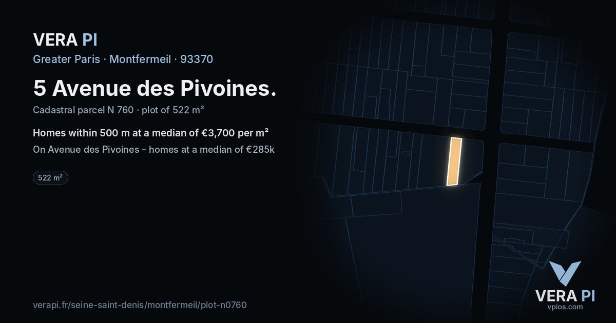 5 Avenue des Pivoines, Montfermeil at night – the plot lit, the parcels around coloured by the prices near them