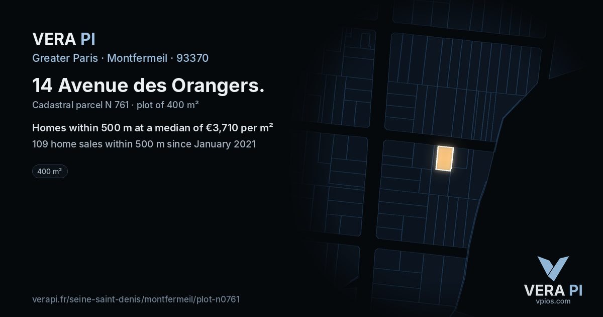 14 Avenue des Orangers, Montfermeil at night – the plot lit, the parcels around coloured by the prices near them