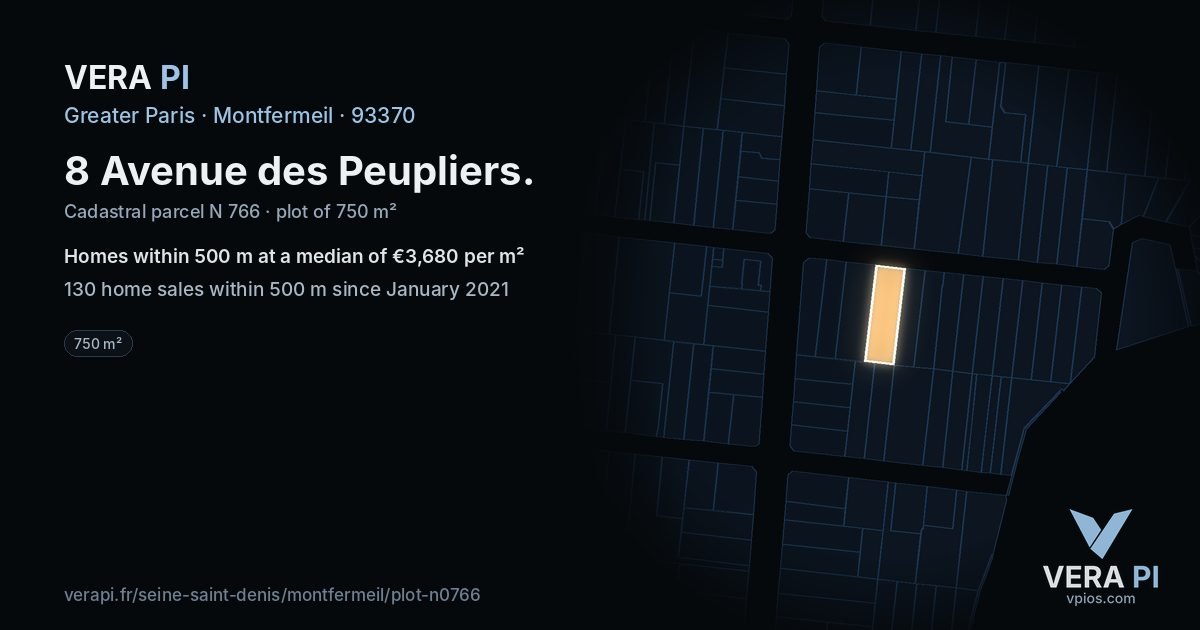 8 Avenue des Peupliers, Montfermeil at night – the plot lit, the parcels around coloured by the prices near them